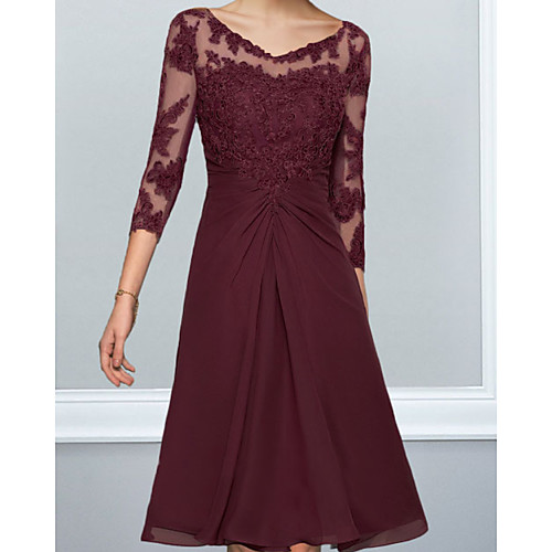 

A-Line V Neck Knee Length Chiffon / Lace Bridesmaid Dress with Lace / Pleats / Appliques