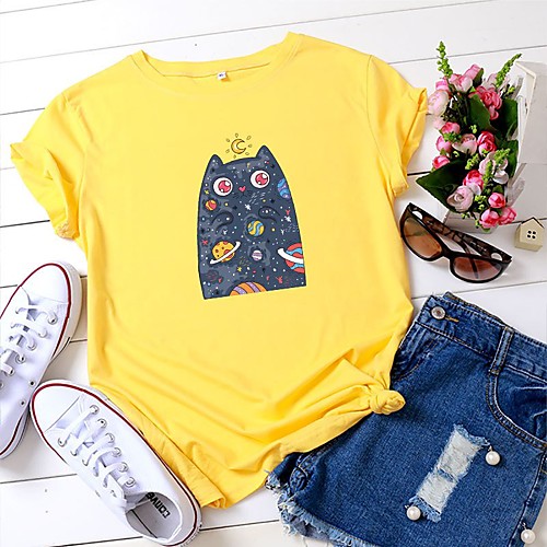 

Women's T shirt Cat Graphic Prints Round Neck Tops 100% Cotton Basic Basic Top White Black Blue