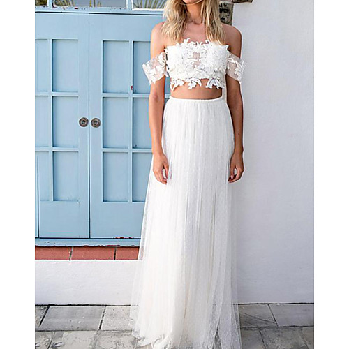 

Two Piece A-Line Wedding Dresses Off Shoulder Floor Length Lace Tulle Sleeveless Beach with Appliques 2021