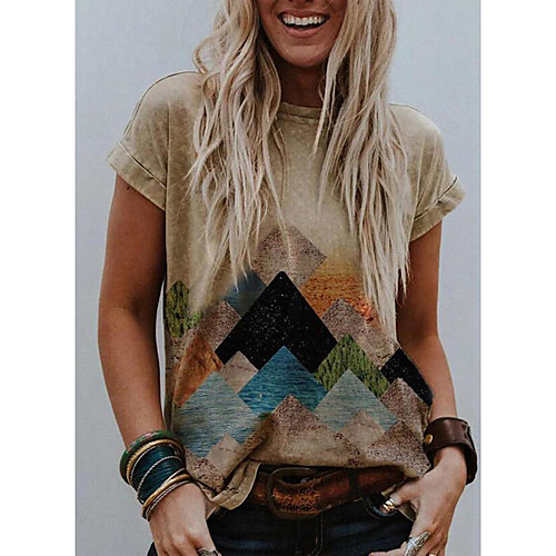 

Women's Tunic Scenery Color Block Patchwork Print Round Neck Tops Khaki Green