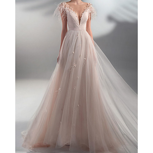 

A-Line Wedding Dresses V Neck Sweep / Brush Train Lace Tulle Sleeveless Romantic with 2021