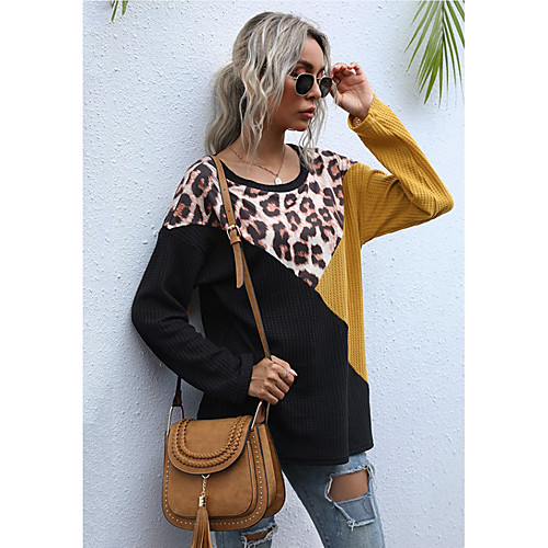 

Women's T shirt Color Block Leopard Long Sleeve Patchwork Round Neck Tops Basic Basic Top Black