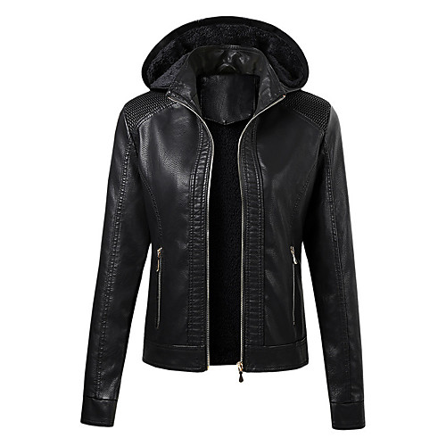 

Women's Faux Leather Jacket Going out Fall & Winter Regular Coat Regular Fit Streetwear Jacket Long Sleeve Solid Colored Fur Trim Blue Yellow