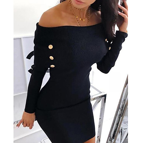 

Women's Sheath Dress Short Mini Dress Black Long Sleeve Solid Color Button Fall Off Shoulder Sexy Slim 2021 S M L XL XXL