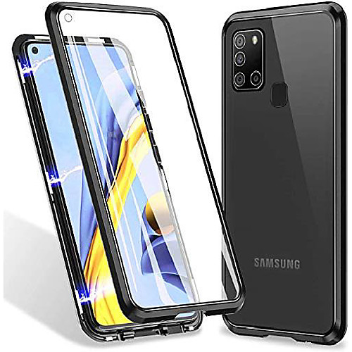

360°full body case for samsung galaxy a21s/a51/a71/a81/a91, magnetic adsorption metal cover with built-in screen protector[9h clear anti-scratch strong tempered glass],alloy bumper protection(black)