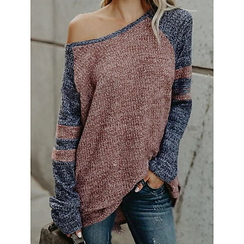 

Women's Stylish Knitted Striped Pullover Acrylic Fibers Long Sleeve Sweater Cardigans Off Shoulder Winter Blushing Pink