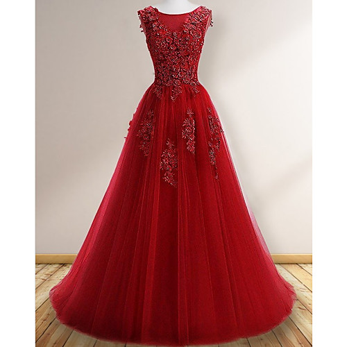 

A-Line Elegant Floral Engagement Prom Valentine's Day Dress Jewel Neck Sleeveless Sweep / Brush Train Tulle with Appliques 2021