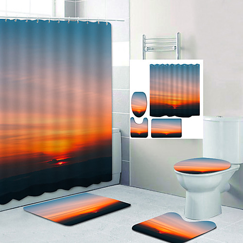 

Afterglow Of The Setting Sun Digital Printing Four-piece Set Shower Curtains and Hooks Modern Polyester Machine Made Waterproof Bathroom
