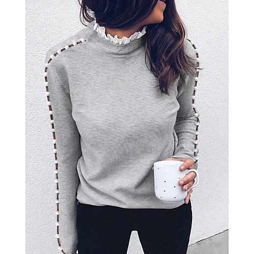 

Women's Hollow Hollow Out Solid Color Pullover Long Sleeve Sweater Cardigans Turtleneck Fall Winter Gray