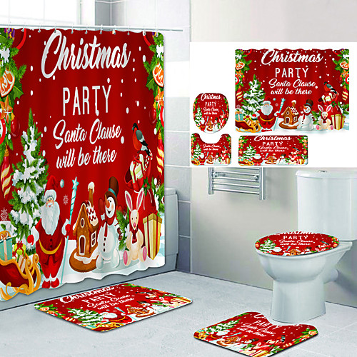 

Christmas Santa Toy Digital Printing Four-piece Set Shower Curtains and Hooks Modern Polyester Machine Made Waterproof Bathroom