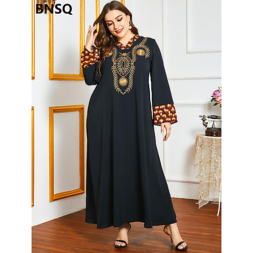 

Women's Swing Dress Maxi long Dress Black Long Sleeve Print Patchwork Print Fall Round Neck Casual Loose 2021 M L XL XXL 3XL 4XL / Plus Size