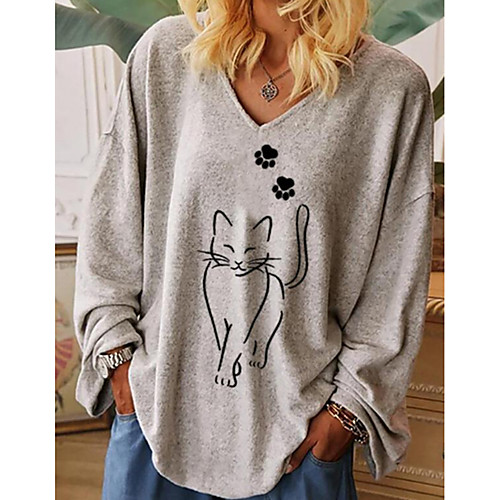 

Women's Tunic Cat Long Sleeve Patchwork Print V Neck Basic Tops Cotton Khaki