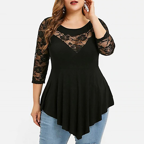 

Women's Plus Size Tops Blouse Plain Ruffle Lace 3/4 Length Sleeve Round Neck Sexy Spring Summer Black Big Size XL 2XL 3XL 4XL 5XL