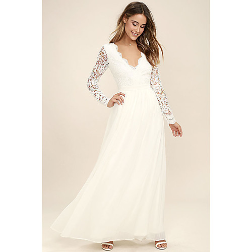 

Women's Chiffon Dress Maxi long Dress White Long Sleeve Solid Color Lace Fall V Neck Hot Party Slim Mesh S M L XL