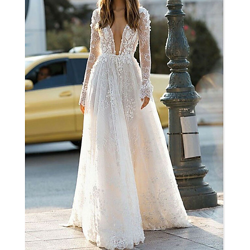 

A-Line Wedding Dresses V Neck Floor Length Lace Long Sleeve Country with 2021