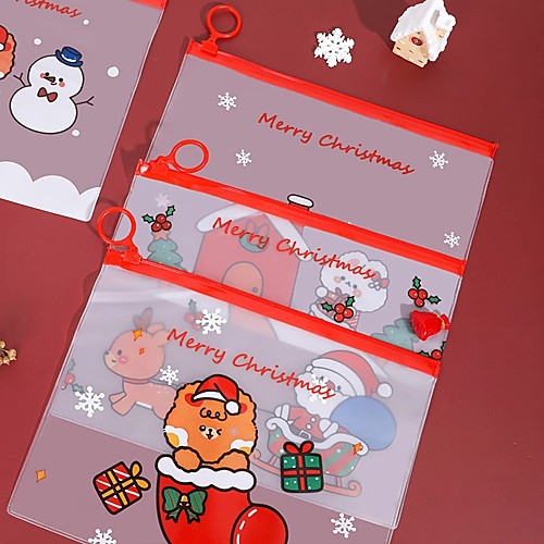 

6pcs Cartoons Christmas File Holder Student Zipper Bag Multifunction PVC Transparent Stationery Office Storage Supplies Random Pattern