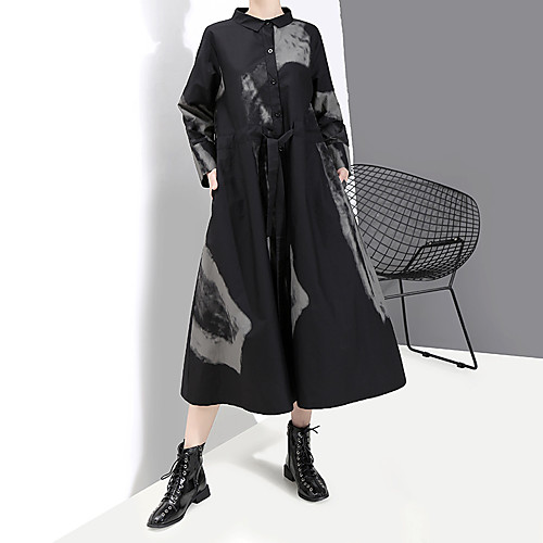

Women's Shirt Dress Midi Dress Black Long Sleeve Print Print Fall Winter Shirt Collar Casual Loose 2021 One-Size