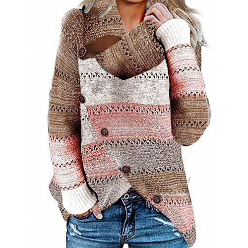 

Women's Stylish Hollow Out Knitted Striped Pullover Acrylic Fibers Long Sleeve Sweater Cardigans Turtleneck Fall Winter Khaki