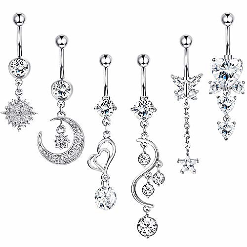 

6pcs 14g belly button rings dangle for women surgical steel navel rings body piercing jewelry