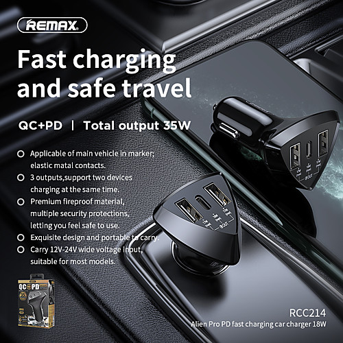 

Remax RCC214 Car Charger 2 Double USB A Type A 1 PD 52W 4.8A Power 3 Ports Fast Charge Quick To Phone 12V-24V Black Color 1PCS AL ABS Meterials