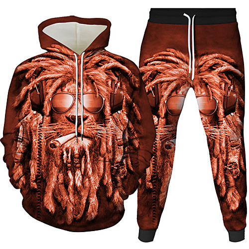 

Men's 3D Hoodies Set Graphic 3D Lion 2 Piece Front Pocket Hooded Daily 3D Print 3D Print Casual Hoodies Sweatshirts Long Sleeve Purple Army Green Green