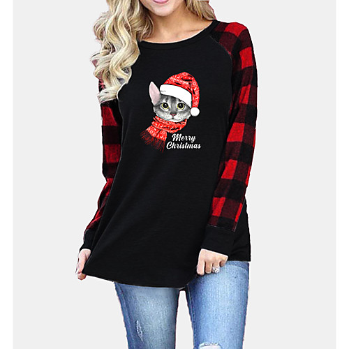 

Women's Christmas T shirt Cat Plaid Graphic Long Sleeve Patchwork Round Neck Tops Basic Christmas Basic Top Black Gray