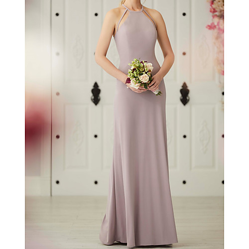 

A-Line Jewel Neck Floor Length Spandex / Jersey Bridesmaid Dress with Pleats