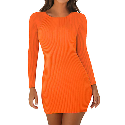 

Women's Sweater Jumper Dress Short Mini Dress Orange Black Red Long Sleeve Solid Color Patchwork Fall Round Neck Sexy Going out Slim 2021 S M L XL