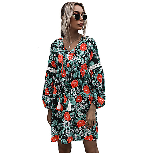 

Women's A Line Dress Short Mini Dress Blushing Pink Black Long Sleeve Floral Color Block Lace up Lace Print Fall Winter V Neck Casual 2021 S M L XL / Cotton / Cotton