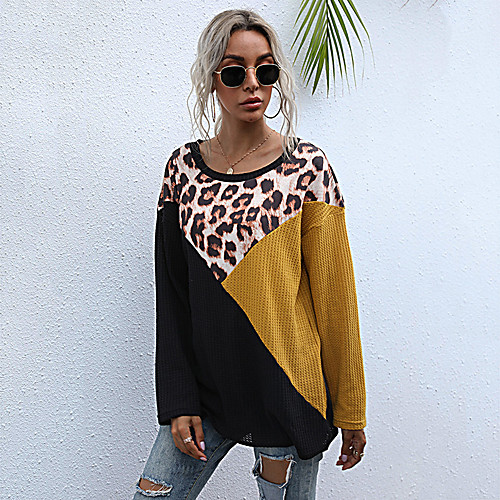 

Women's T shirt Color Block Leopard Long Sleeve Patchwork Round Neck Tops Cotton Basic Basic Top Black