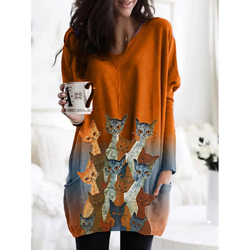 

Women's T Shirt Dress Tee Dress Short Mini Dress Orange Long Sleeve Print Cat Tie Dye Pocket Patchwork Print Fall Spring V Neck Work Casual Loose 2021 M L XL XXL 3XL