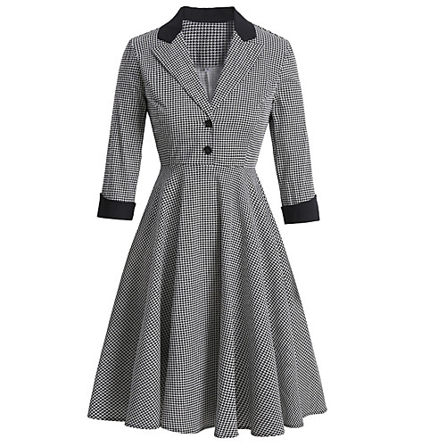 

Women's A Line Dress Knee Length Dress Black Navy Blue 3/4 Length Sleeve Houndstooth Patchwork Print Fall Summer Shirt Collar Vintage Slim 2021 S M L XL XXL / Cotton / Cotton