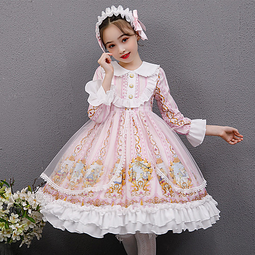 

Lolita Princess Lolita Vacation Dress Dress Cosplay Costume Masquerade Girls' Japanese Cosplay Costumes Pink Print Long Sleeve Midi / Kid's