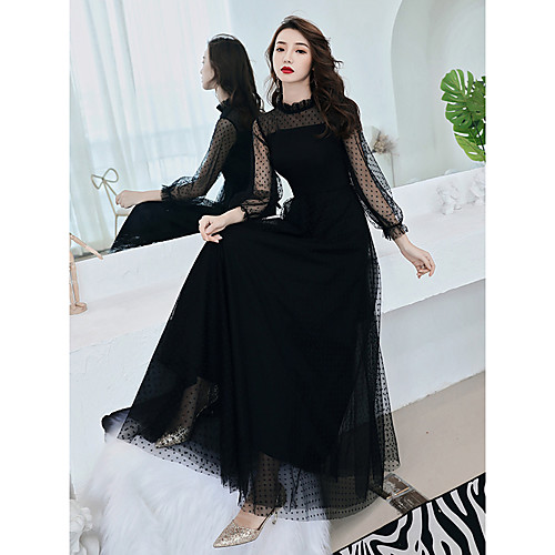 

A-Line Little Black Dress Elegant Party Wear Prom Dress High Neck Long Sleeve Floor Length Lace with Ruffles 2021