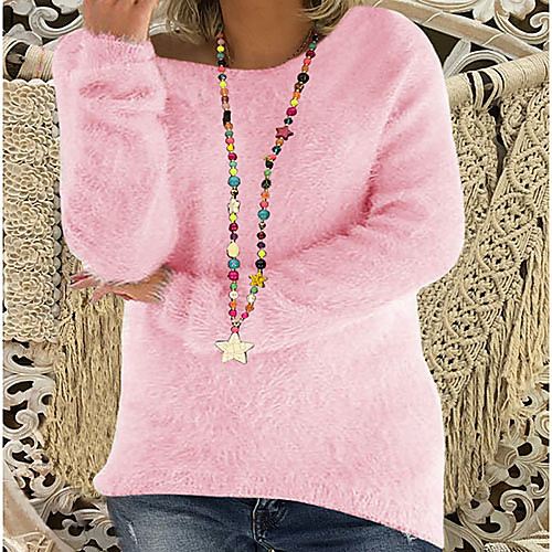 

Women's Stylish Knitted Solid Color Pullover Cotton Long Sleeve Sweater Cardigans Crew Neck Fall Winter White Black Blue