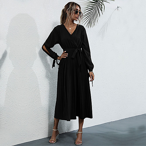 

Women's A Line Dress Midi Dress Black Long Sleeve Solid Color Lace up Fall Winter V Neck Casual 2021 S M L XL / Cotton / Cotton