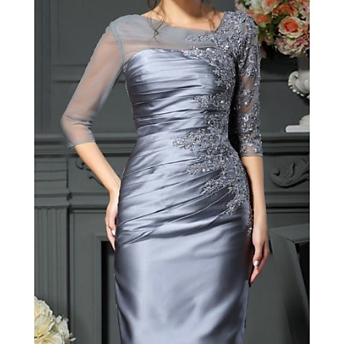 

Sheath / Column Mother of the Bride Dress Elegant Jewel Neck Knee Length Tulle Charmeuse 3/4 Length Sleeve with Lace Appliques 2021