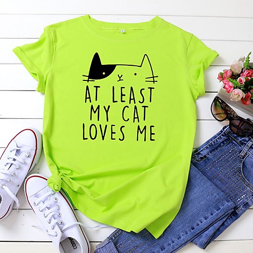 

Women's T shirt Cat Graphic Text Print Round Neck Tops 100% Cotton Basic Basic Top White Black Yellow