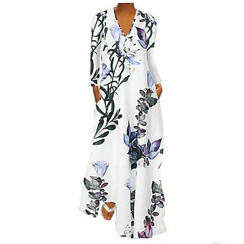 

Women's A Line Dress Maxi long Dress Yellow White Light Blue Long Sleeve Floral Print Print Fall Winter V Neck Casual Loose 2021 S M L XL XXL 3XL 4XL 5XL