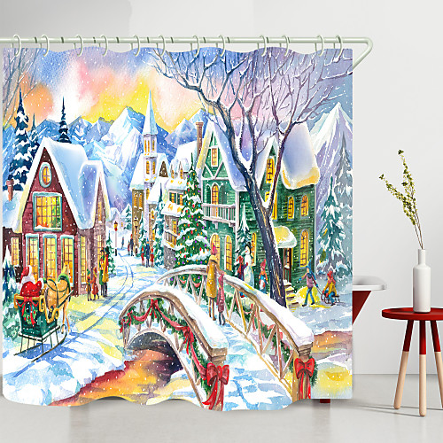 

Christmas Little Bridge Village Digital Printing Shower Curtain Shower Curtains Hooks Modern Polyester New Design