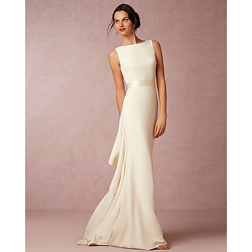 

Sheath / Column Wedding Dresses Bateau Neck Sweep / Brush Train Satin Regular Straps Vintage Sparkle & Shine with Draping 2021