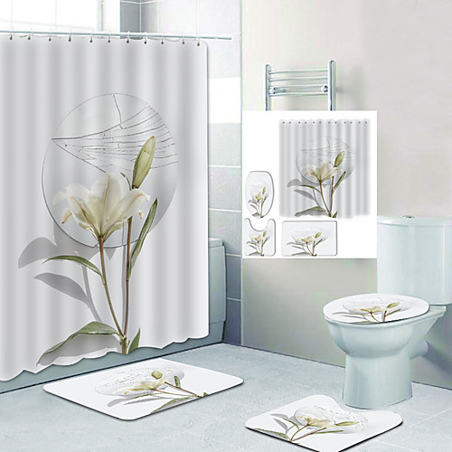 

Broken Mirror Baise Flowers Digital Printing Four-piece Set Shower Curtains and Hooks Modern Polyester Machine Made Waterproof Bathroom