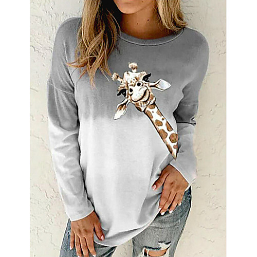 

Women's T shirt Color Gradient Graphic Prints Animal Long Sleeve Print Round Neck Tops Basic Basic Top Purple Blushing Pink Gray