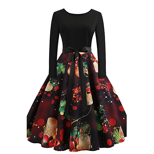 

Women's Swing Dress Knee Length Dress Black Long Sleeve Print Color Block Print Fall Round Neck Elegant Vintage Christmas 2021 S M L XL XXL