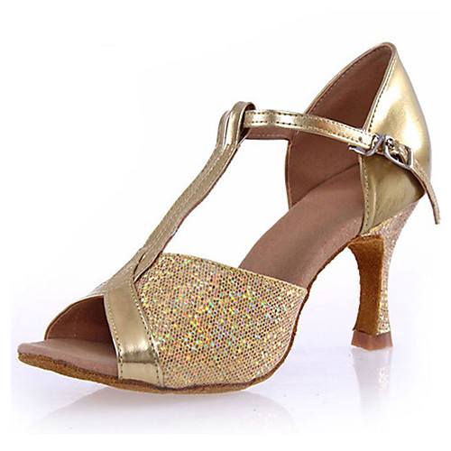 

Women's Latin Shoes Heel Splicing High Heel Gold Silver Buckle Adults' Sparkling Shoes / Performance / Leather / Practice