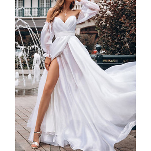 

A-Line Wedding Dresses Off Shoulder Court Train Organza Long Sleeve Beach with Split Front 2021