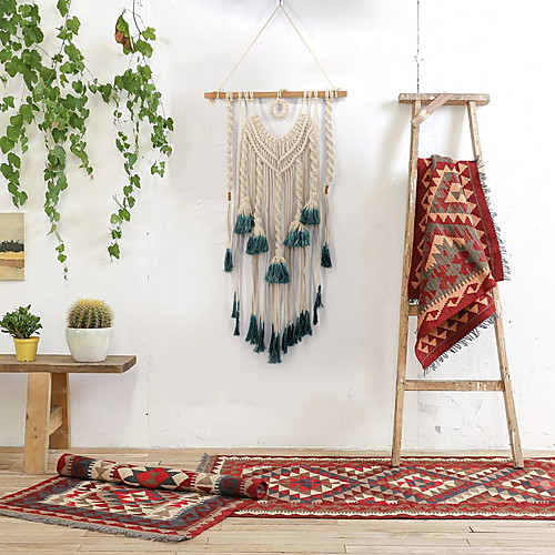 

Hand Woven Macrame Wall Tapestry Bohemian Boho Art Decor Blanket Curtain Hanging Home Bedroom Living Room Decoration Nordic Handmade Tassel Cotton Green