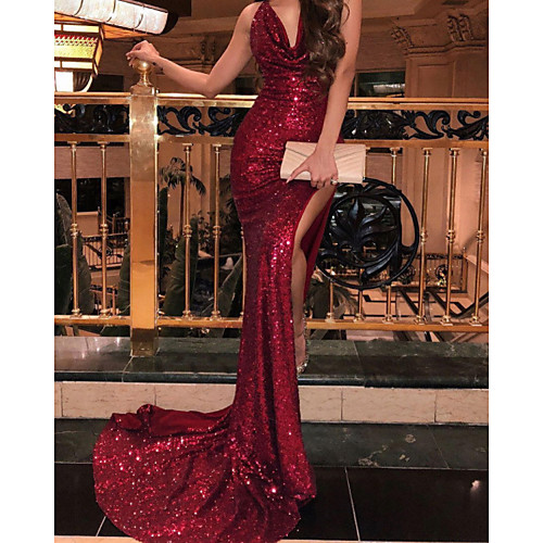 

Mermaid / Trumpet Glittering Sexy Wedding Guest Formal Evening Dress V Neck Sleeveless Court Train Sequined with Pleats Sequin 2021