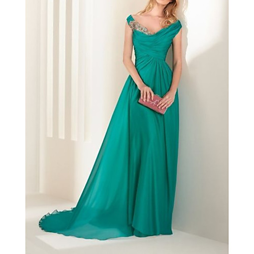 

Sheath / Column Elegant Vintage Wedding Guest Formal Evening Dress V Neck Sleeveless Court Train Chiffon with Ruched Appliques 2021