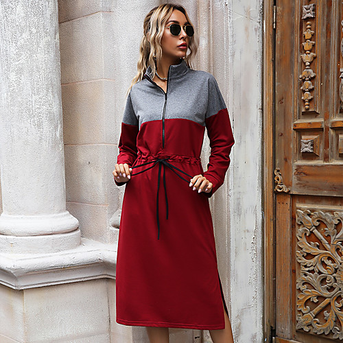 

Women's A Line Dress Knee Length Dress Wine Long Sleeve Color Block Patchwork Fall Winter Shirt Collar Casual 2021 S M L XL / Cotton / Cotton